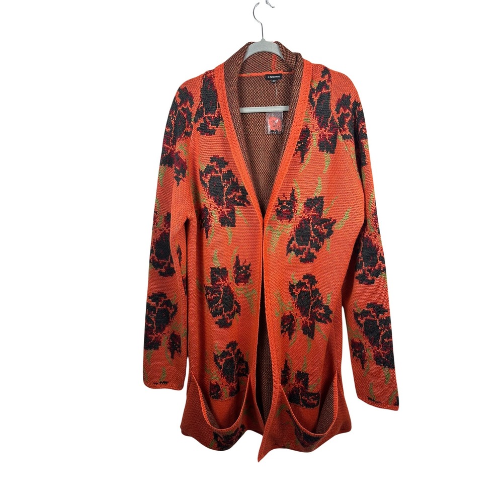J. Peterman Cardigan Womens XL Orange Floral Wool Blend Longline Duster Sweater